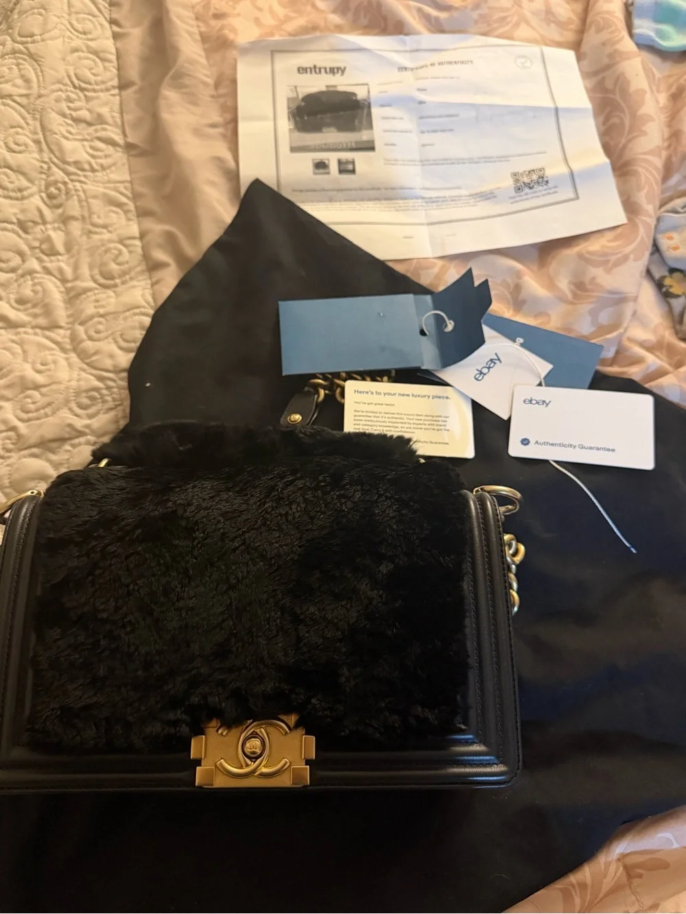 CHANEL Black Faux Fur Boy Shoulder Bag with Gold Hardware
